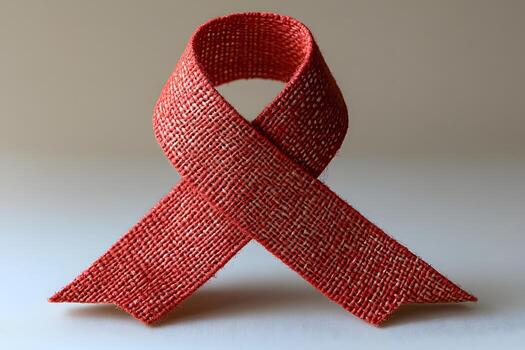 A vibrant textured red fabric ribbon forms a distinct symbolic loop, standing upright on a clear, bright surface. photo