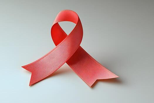 A simple red ribbon with a noticeable texture forms a classic loop, representing a universal visual symbol for general awareness and collective support. photo