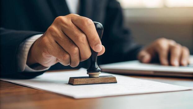 Official approval document hand stamp business signature authority create professional atmosphere in this office setting photo