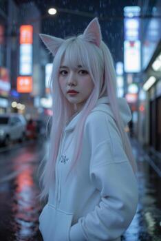 An asian girl with white hair and cat ears wearing a white hoodie, 19 years old in a rainy city street at night photo