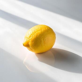 Minimalist style photo of single lemon with reflection on glossy white surface, soft shadows