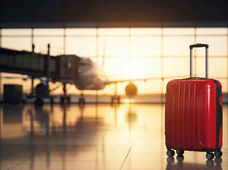 Red Suitcase Stands Alone in Empty Airport Terminal During Golden Sunset Hour as Airplane Takes Off in Background photo