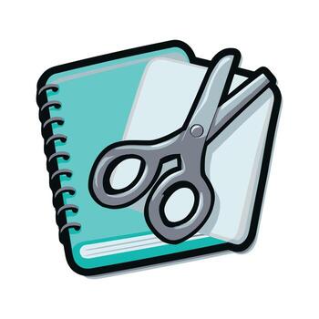 notebook and scissors icon with paper stack in flat cartoon style vector