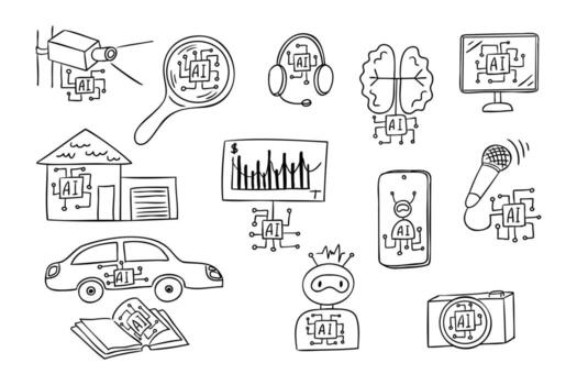 mano dibujado garabatear conjunto demostración artificial inteligencia integración en diario dispositivos y tecnologías. concepto de ai en todos los días vida, automatización, innovación y inteligente tecnología interfaz vector
