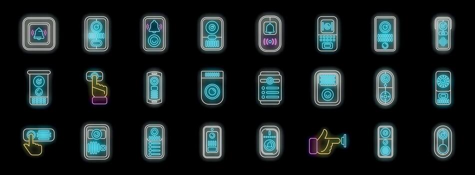 neón intercomunicador íconos representando edificio seguridad y comunicación vector