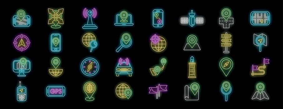 Neon icons representing gps navigation, location tracking, and mapping vector