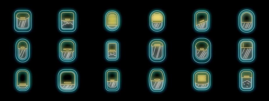 Neon airplane window icons representing different view and status vector