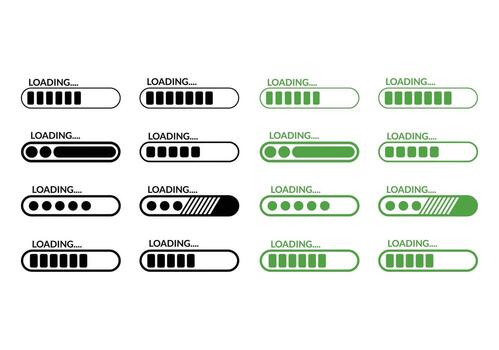 Various loading bar icons in black and green show progress on a white background vector