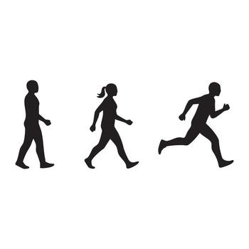 Three figures in motion walking and running silhouette isolated on white background vector