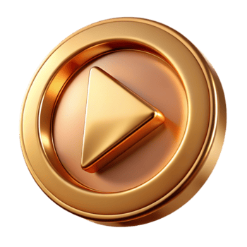 3d icon of a golden, metallic play button icon with a prominent triangle symbol within a circular frame, isolated on a transparent background for media playback png
