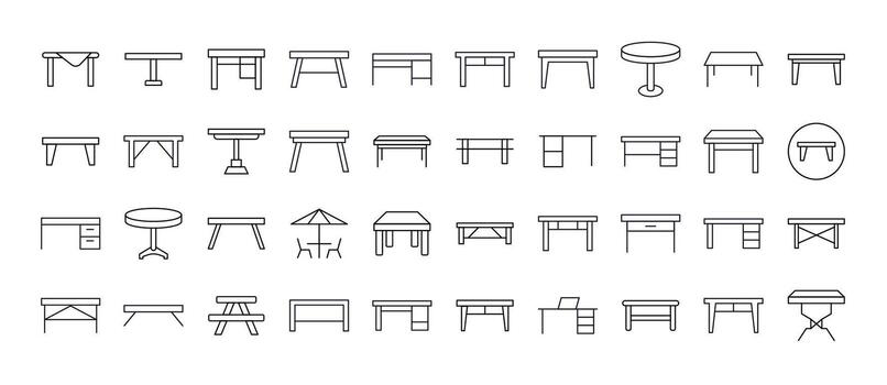 Pack of Table Related Line Icons. Outline Signs for Graphic and Web Design, Apps, Adverts, Various Cards vector