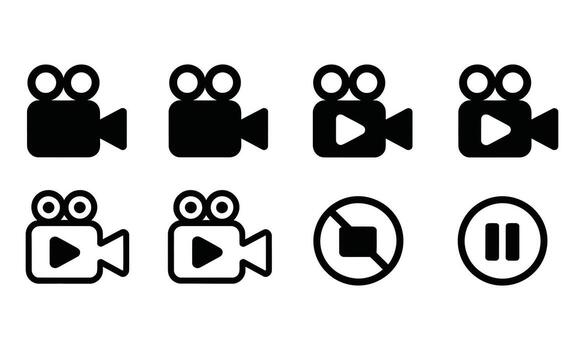 Isolated cinema camera icons with play button, stop and pause signs in black color vector