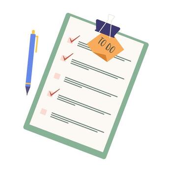 organizado espacio de trabajo con tarea liza y horarios en papel. pulcramente arreglado oficina suministros crear un productivo ambiente. vector