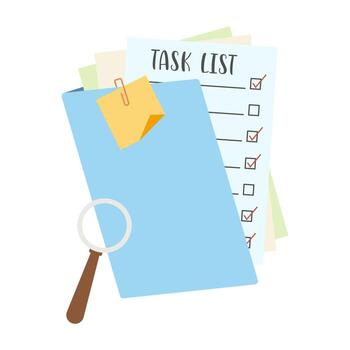 Organized workspace with task list and calendar sheets. Neatly arranged office supplies on wooden desk surface. vector