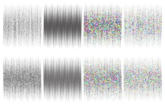 Geometric round shape and polygon dotted halftone texture on white background. Colourful style dotted and polygon shape patterns. Trendy backdrop halftone dot art and designs. vector