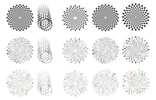 Geometric various style shape in halftone pattern texture on white background. Colourful style halftone shape patterns. Trendy backdrop halftone dot art and designs. vector