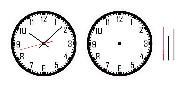 Realistic simple minimalist round hanging wall clock isolated with classic dial, hour and minute pointers, simple modern design, isolated on white background ideal for office home or infographic use. vector