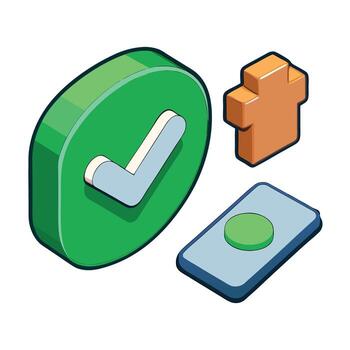 Isometric checkmark plus button cartoon illustration on transparent background featuring vector