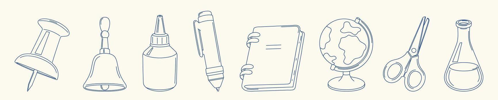 Minimal line set of school supplies. Pushpin, bell, glue, pen, notebook, globe, scissors, lab flask. Perfect for educational projects, planners, and back to school graphics. vector