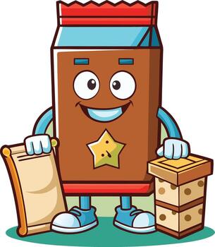 Cartoon Cereal Box Character with Scroll and Cereal on transparent background vector