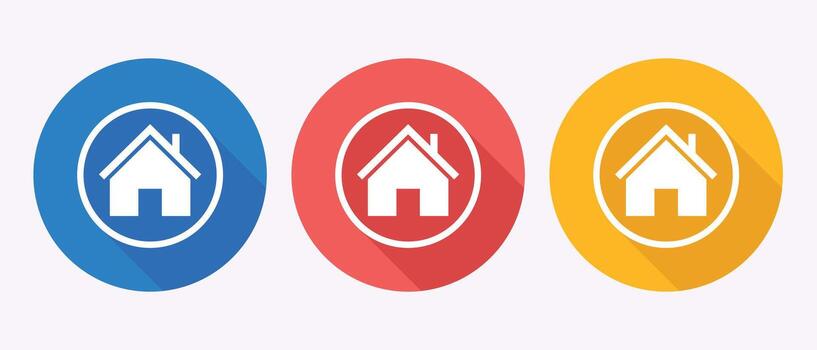 Three oval buttons with a white house icon inside each. They are colored blue, red, and yellow and have a shadow effect. vector