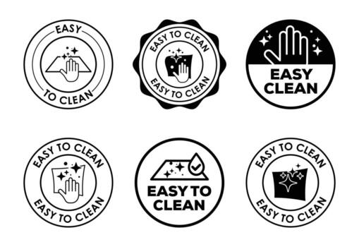 A set of six circular badges and icons indicating a product is easy to clean, featuring various cleaning-related imagery and text. vector