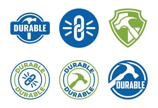 A set of six circular and shield-shaped badges featuring hammers, interlocking links, and the word 'Durable' signifying quality and strength. vector
