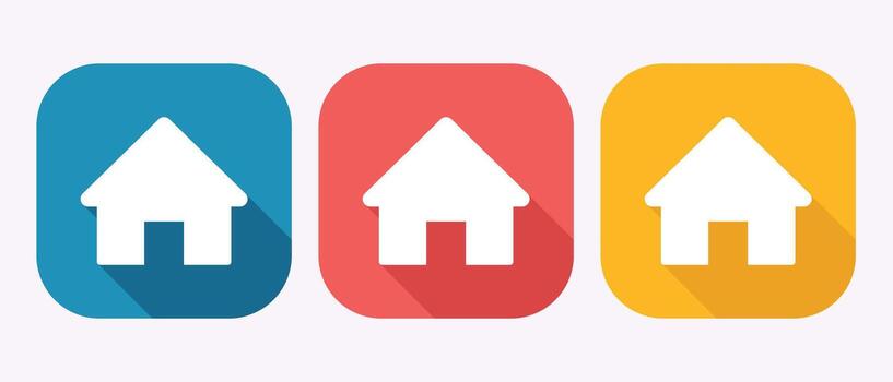 Three rounded rectangular buttons in blue, red, and yellow colors, each featuring a white house silhouette with a shadow effect. vector