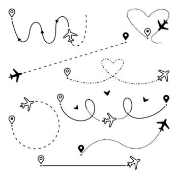 Airplane path set, plane route collection, flight ways with destinations. Black line and dotted signs, aircraft tracking in different variations vector