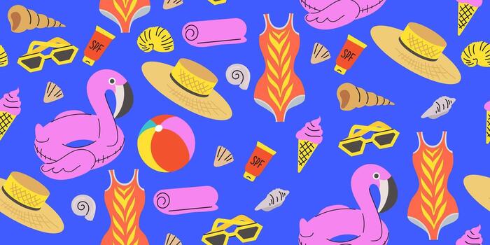 Summer seamless pattern with beach objects. Background with swimsuit, pool ball, shells, sunscreen, straw hat, glasses, inflatable flamingo ring, ice cream, towel. Flat design. Summer activities vector