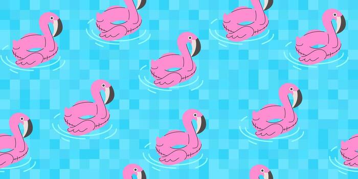 Seamless pattern with inflatable flamingo circle in the pool. Swimming ring in the shape of pink flamingo. Summer background vector