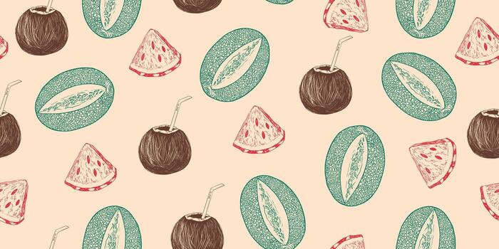 sin costura modelo con cóctel en Coco, melón, sandía. bosquejo estilo tropical antecedentes con frutas verano modelo vector