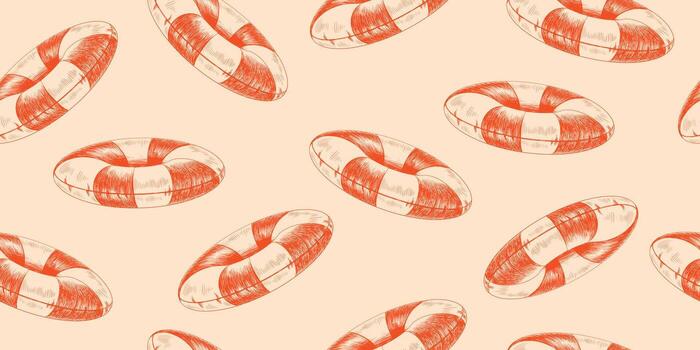 Seamless pattern with sketch style lifebuoy. Background with hand drawn beach inflatable ring. Texture with engraved swim ring vector