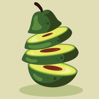 A stylized illustration of a sliced avocado, with the slices stacked vertically against a light beige background. vector