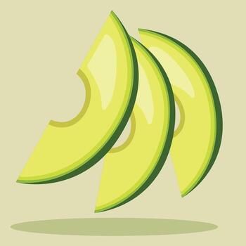 Three avocado slices arranged vertically, showcasing their vibrant green color and smooth texture, casting a subtle shadow. vector