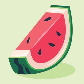 A colorful cartoon illustration of a single slice of watermelon with seeds, rind, and background. vector