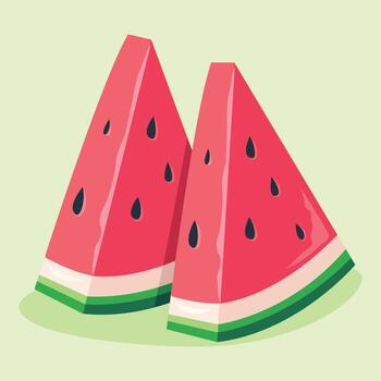 dos triangular rebanadas de maduro sandía con semillas, corteza, y vibrante colores, presentado en contra un ligero verde antecedentes. vector