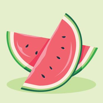 Two watermelon slices overlapping each other, displaying the red flesh, black seeds, green rind, and light green background. vector