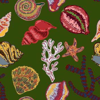 a seamless pattern with shells and coral vector