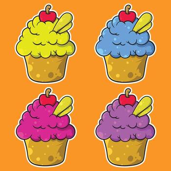 cuatro diferente de colores magdalenas con manzanas en ellos vector