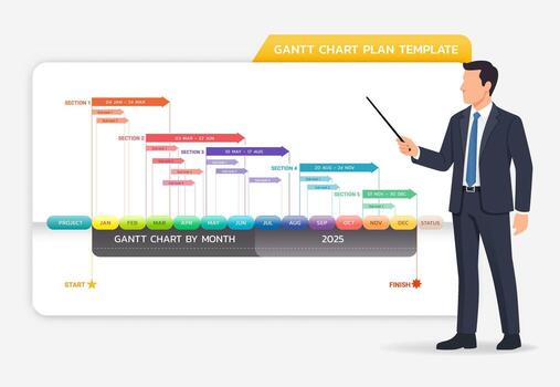 Modern Gantt chart plan template with monthly project timeline. Businessman presenting project timeline background. vector