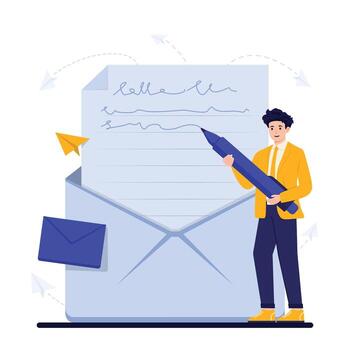 Mail Updates Email Envelope with blank sheet of paper and man holding pen. illustration. vector