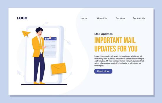 Mail Updates landing page design template of Email marketing and promotion website. vector