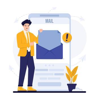 Mail Updates Mobile mail concept. Flat illustration. Man in yellow jacket holding envelope and looking at smartphone screen. vector