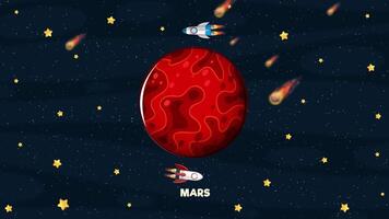 Animé vaisseau spatial orbite Mars au milieu de une météore douche dans une coloré cosmique scène avec dynamique mouvement et vibrant visuels video