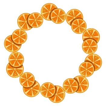 Oranges, round frame with simple abstract fruits. Fruit pieces, natural products. Orange wreath, empty summer background with space for text. Color flat illustration. vector