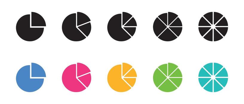 Illustration of pie charts with varying sections in black and various colors on white background vector