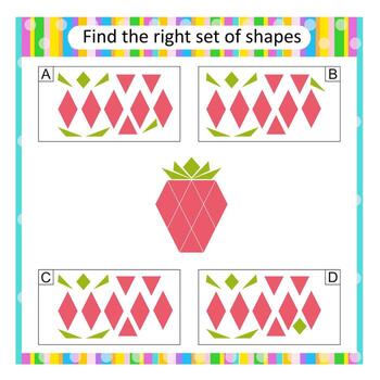 Puzzle for kids. Attention task. Find the correct set of cartoon strawberry. Answer is C. vector