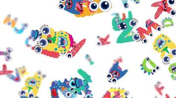 vibrerande brev med monster ansikten kaskad dynamiskt på en vit bakgrund, skapande en nyckfull och energisk visuell erfarenhet video