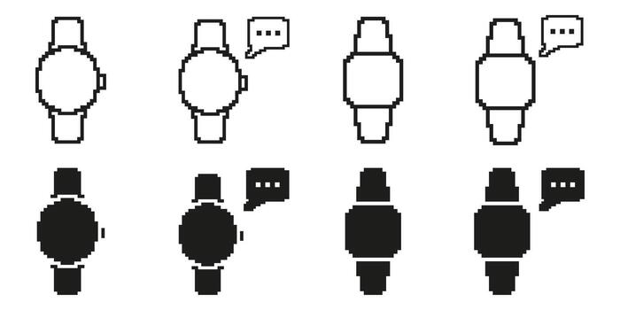 Smartwatch With Chat Bubble Pixel Art Icon Set. Communication And Connectivity Pixelated Symbol Collection. Digital Interaction And Messaging. Isolated Illustration vector
